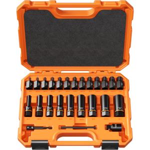 Crosstar 25PCS Bolt Extractor Kit, 3/8" Drive Screw & Nut Remover Set, Deep Socket for Stripped, Rusted, Broken Bolts, Includes Adapter, Extension Bar, Knockout Pin