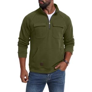 Lepunuo Cargo Sweatshirts for Men Quarter Zip Long Sleeve Warm Fleece Tactical Pullover Casual Athletic Loose Sweatshirts (Medium, Army Green)