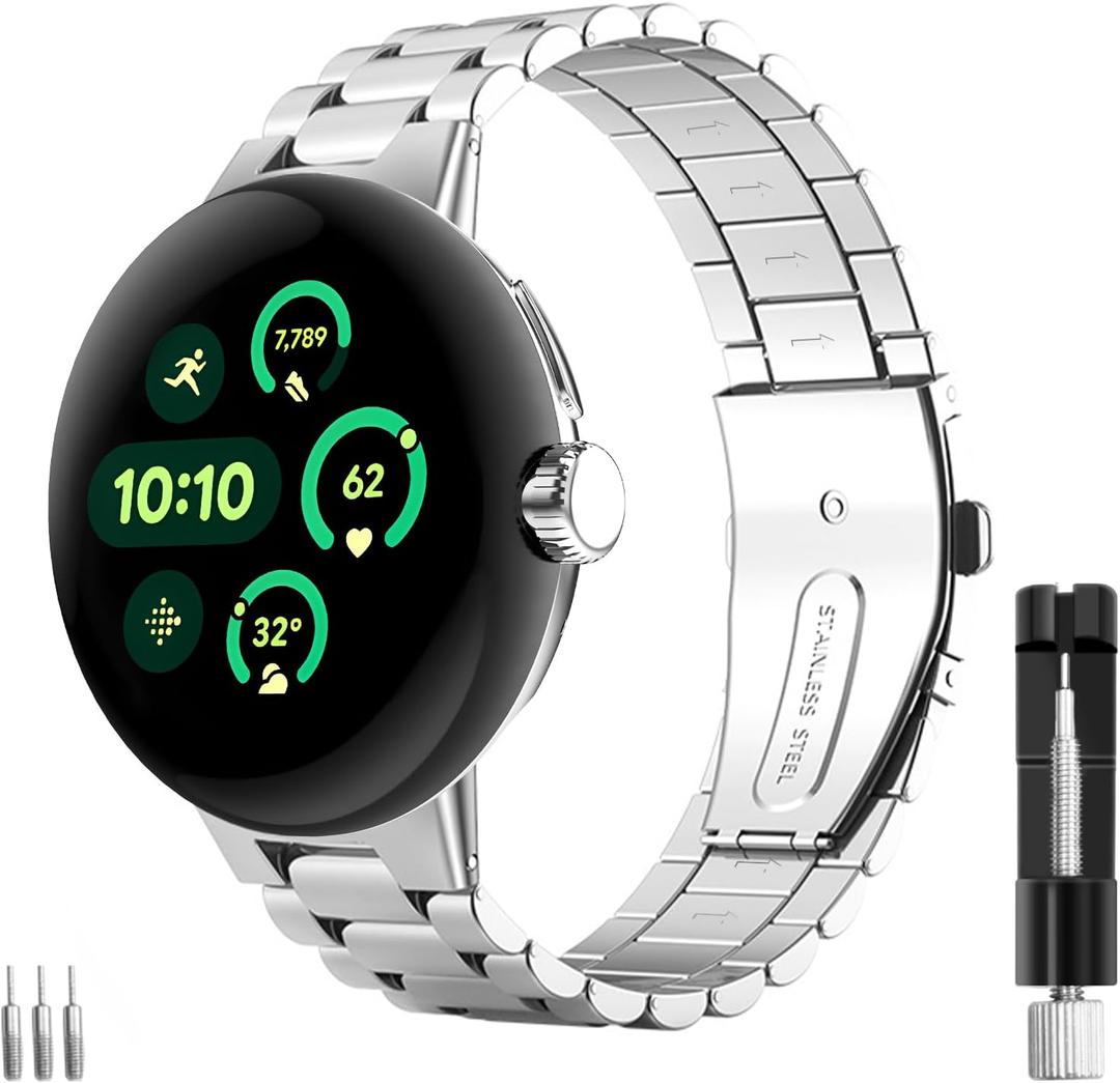 Aresh Compatible with Google Pixel Watch Band, Stainless Steel Adjustable Metal No Gap Band for Google Pixel Watch 2 Silver, for Pixel Watch 3/2/1 41mm-S