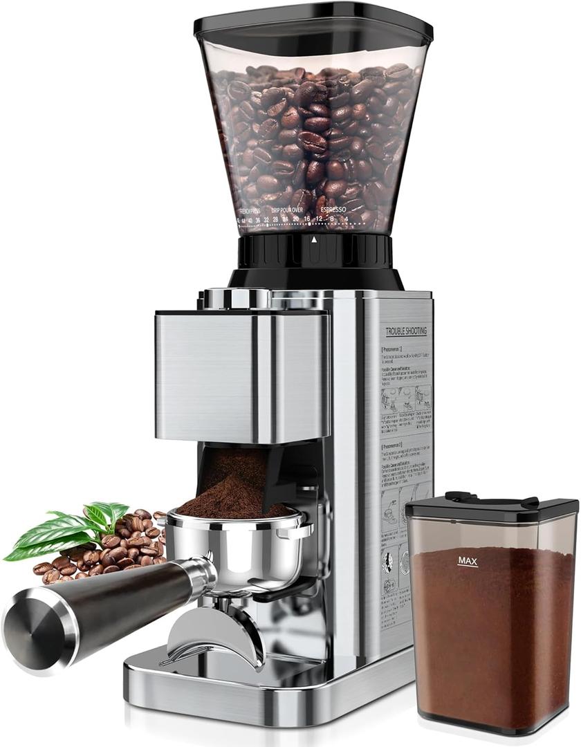 Conical Burr Coffee Grinder Electric, Espresso Coffee Bean Grinder for Home Use Adjustable 48 Grind Settings, 35s Precision Timer, Stainless Steel, Anti-Static for Pour Over/Drip/French Press (Upgraded Silver)