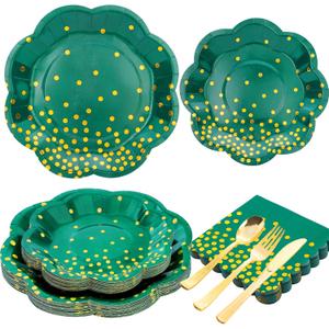 Green and Gold Party Decorations,Green Plates and Napkins Party Supplies for 25 Guests,Disposable Plates for Birthday Wedding Graduation Decorations
