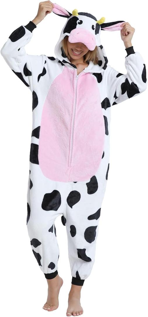 Adult Onesie Pajamas Animal One Piece Costume Halloween Cosplay for Women Men (Large, Pink Cow)