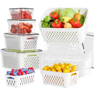 KEMETHY 5 Pack Fruit Storage Containers for Fridge with Removable Colanders - Food Storage Containers with Lids, BPA-Free Produce Containers Keep Fruits, Vegetables, Berry, Meat Fresh Longer