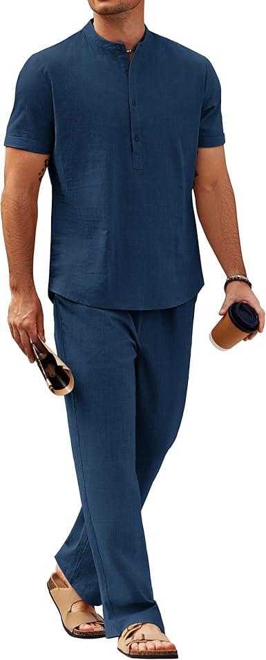 COOFANDY Mens 2 Pieces Cotton Linen Sets Short Sleeve Casual Henley Shirt Summer Beach Pants Lounge Vacation Outfits Set (X-Large, Blue)