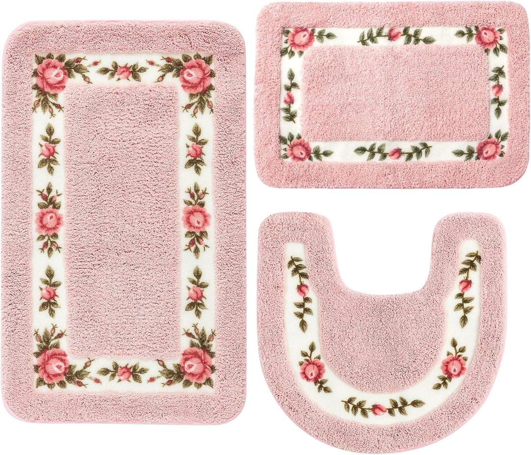 Drydiet 3 Pcs Rose Flowers Bathroom Rugs Set Coquette Room Decor Floral Carpet for Bathroom Bedroom Living Room, Floral Bath Mat Non Skid Romantic Rose Flower Area Rugs 3 Shapes(Pink,Small)