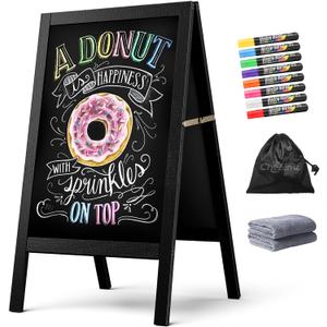 A Frame Chalkboard Sign, 40"x20" Extra Large Sidewalk Chalk Board, Wooden Standing ChalkBoards Set with Markers, Double-Sided Magnetic Blackboard for Cafs, Weddings, Party Guide, Black