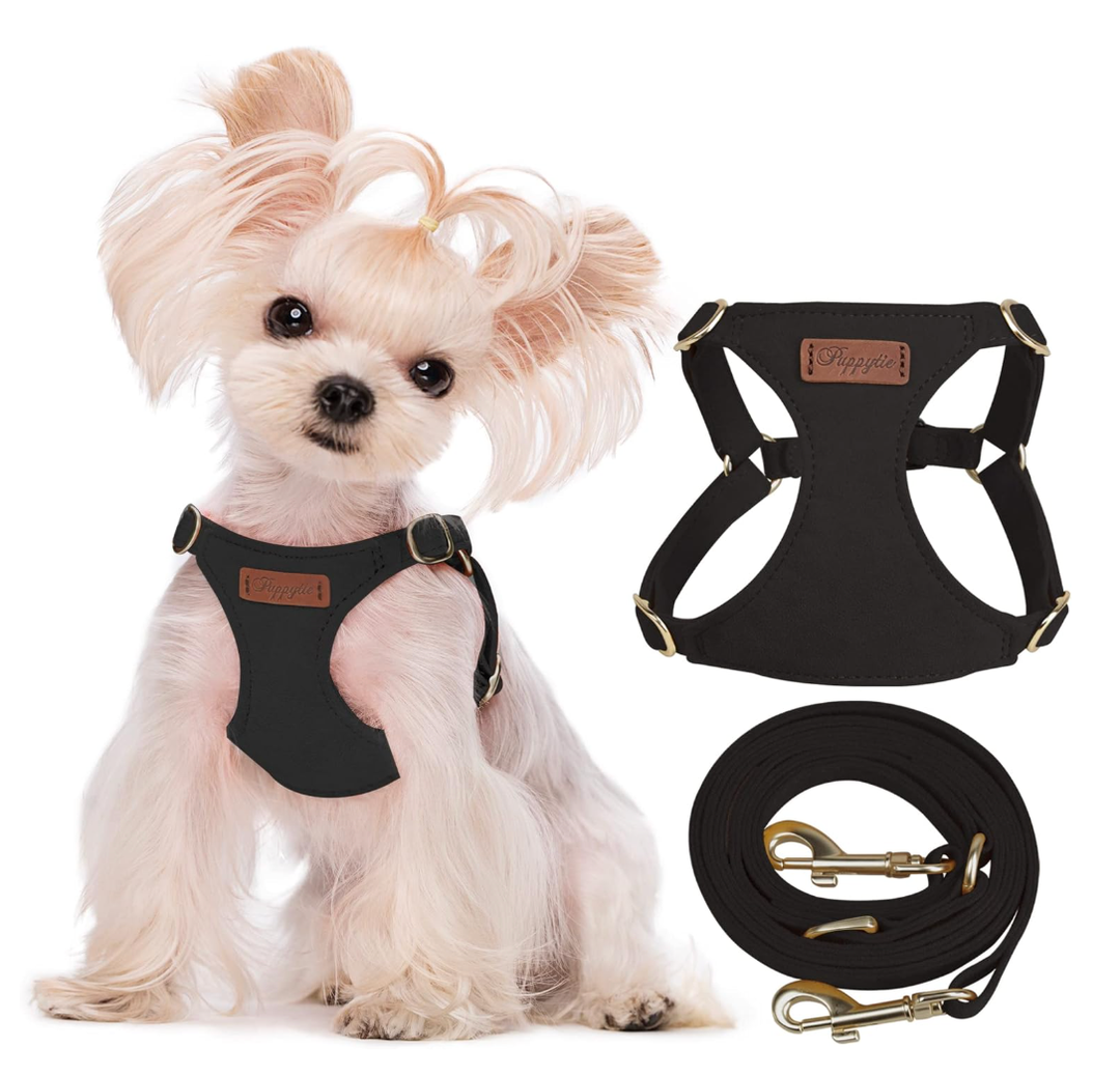 Puppytie No Pull XXS Puppy Harness with Multifunction Dog Leash,Soft Adjustable No Choke Escape Proof Pet Harness Vest,Black,XXS