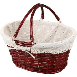 KINJOEK Wicker Woven Basket, Multipurpose Natural Willow Basket with Handle Premium Linen Cotton Cloth Lining for Storage and Decoration, Brown (Light Brown)