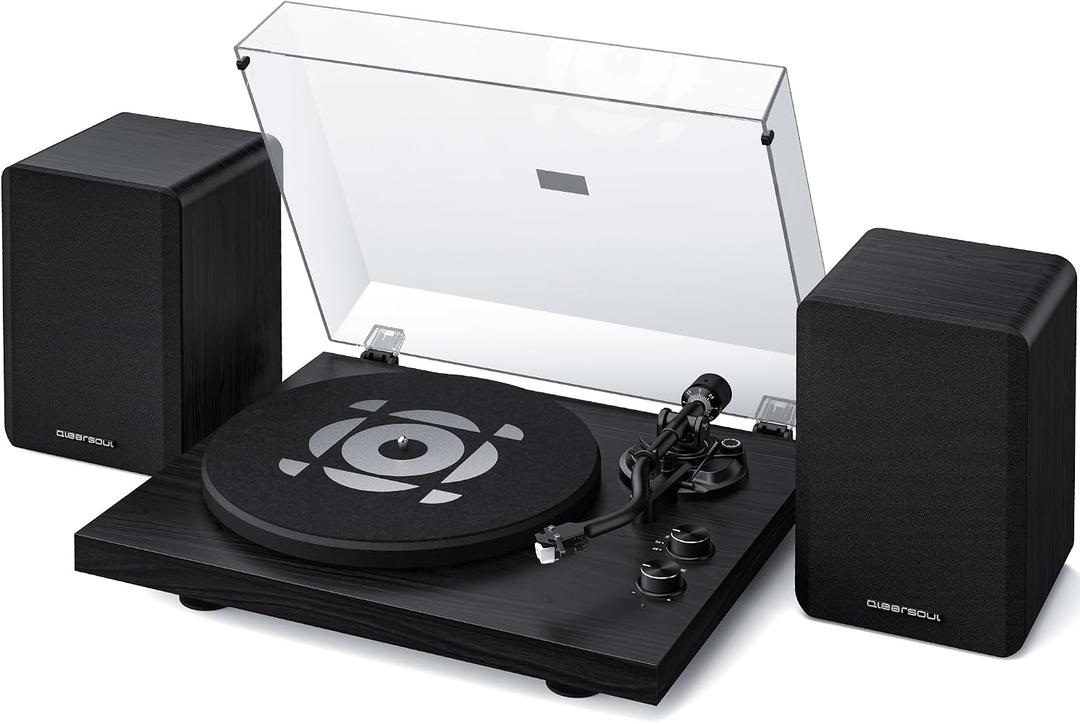 QLEARSOUL SoulBox S1 Vinyl Record Player with Stereo Speakers, Turntable with Built-in Preamp, S-Shaped Tonearm, 33/45 RPM - Black