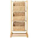 HOMESTEAD 3-Tier Wooden Shelf with Water Hyacinth Woven Baskets – Rattan Shelf Basket, Boho Room Decor, Wooden Book Shelf, Bathroom Storage Shelves, Kitchen, Laundry, Living Room (Natural)