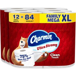 Charmin Ultra Strong Clean Touch Toilet Paper, 12 Family Mega XL Rolls = 84 Regular Rolls