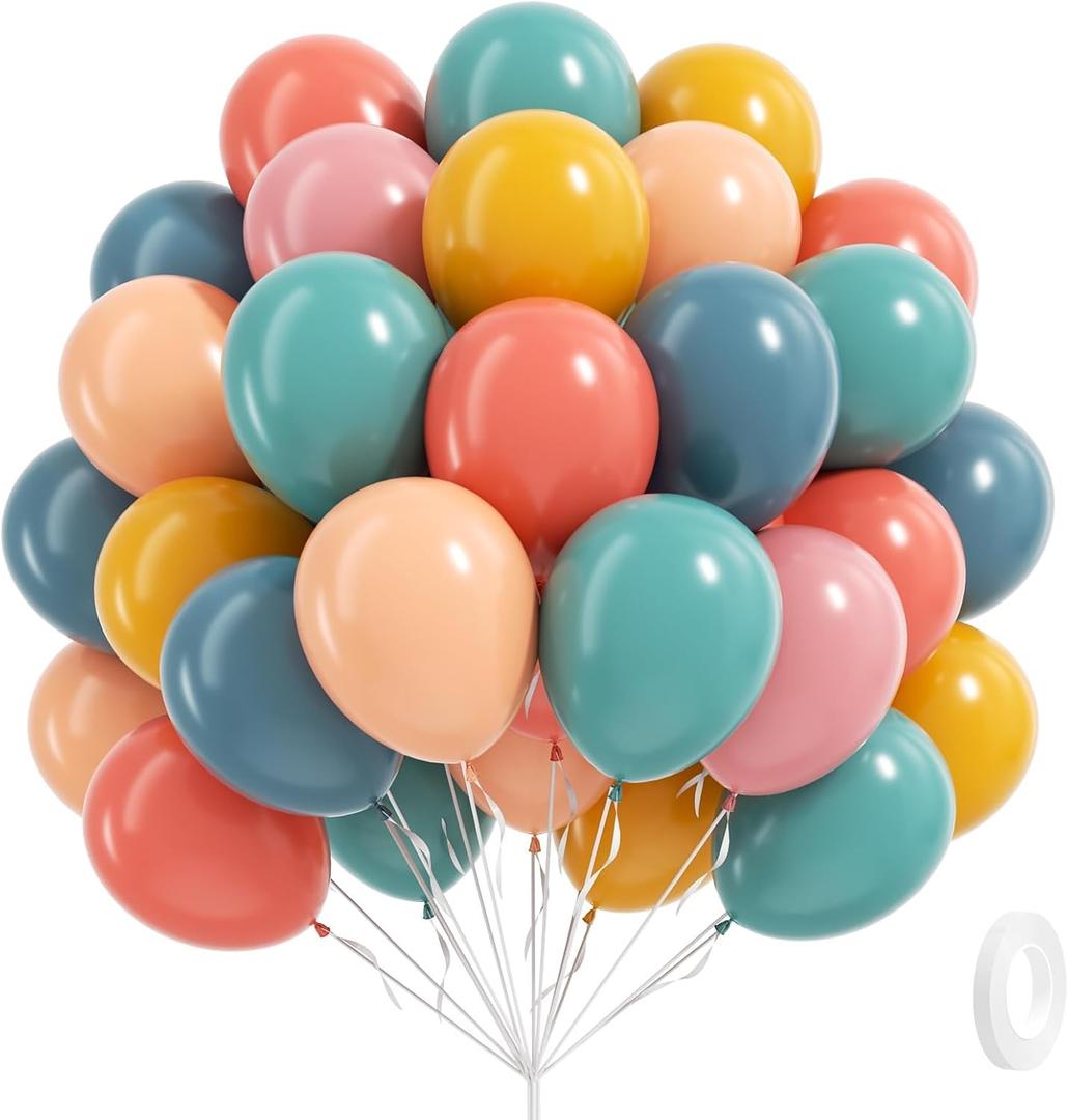 60pcs Boho Rainbow Balloons Assorted Colors 12inch with Slate Dusty Blue Mustard Yellow Pink Nude Colorful Balloons for Baby Shower Flower Groovy One Two Birthday Party Decorations