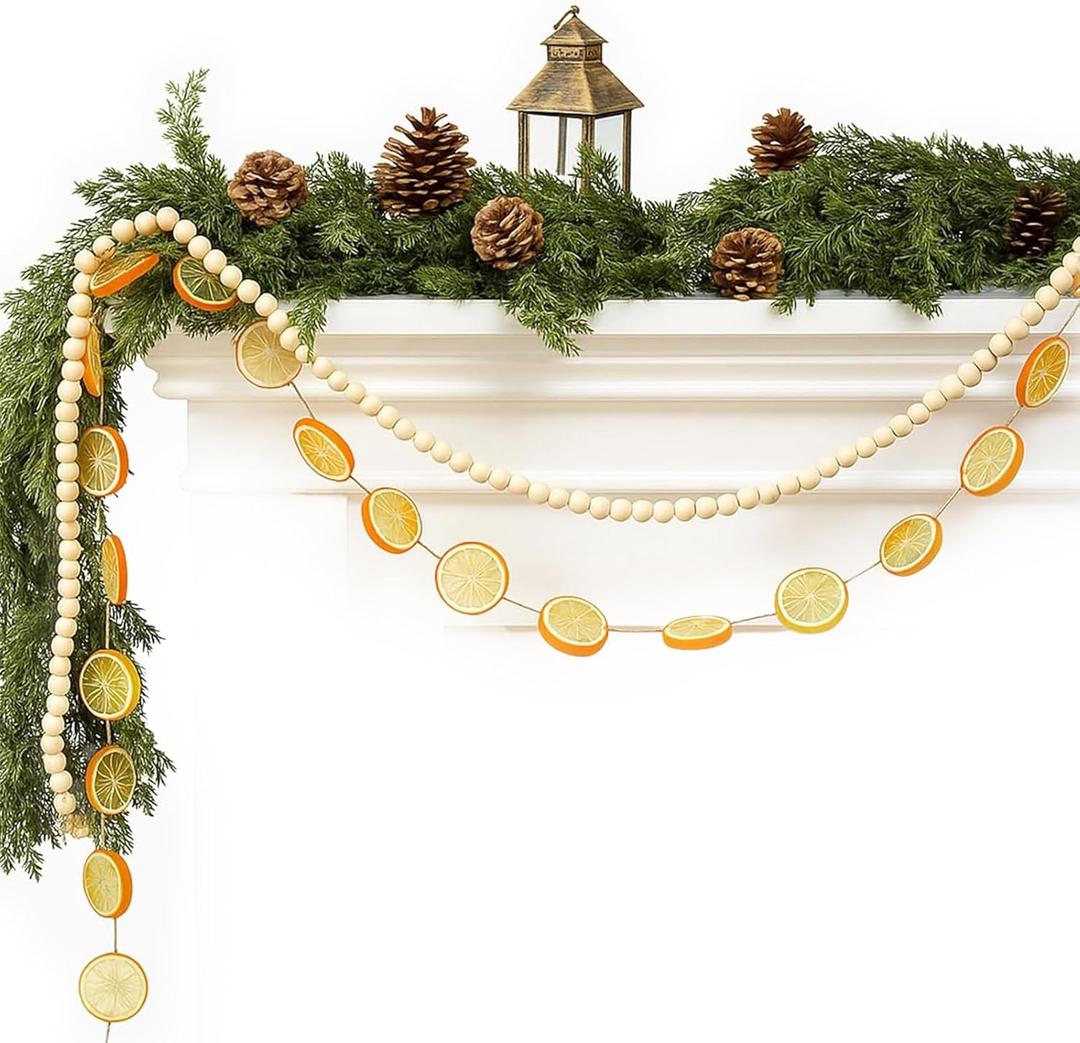 Yinkin 6.5 ft Artificial Orange Slices Garland Christmas Decorations with 6.5 ft Rustic Wooden Bead Garland Hanging Ornaments for Christmas Tree Fireplace Wreath Doorway Wall Window Decor