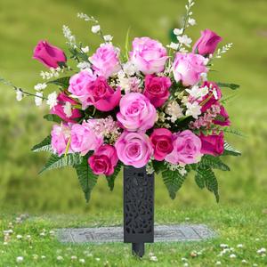 MARTINE MALL 2 Sets Artificial Cemetery Flowers for Grave, Realistic Grave Flowers for Cemetery UV Resistant Memorial Day Flowers Silk Rose Flower with Vase for Cemetery Decorations (Mixed Color)