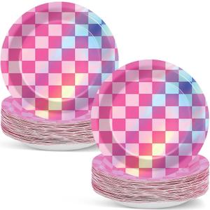 50PCS Pink and Iridescent Checkered Party Plates for Iridescent Party Decorations 7 Inches Laser Round Paper Plates Foil Dessert Plate for Girl Birthday Wedding Baby Shower Parties Supplies
