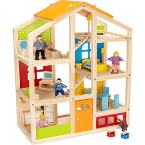 PIDOKO KIDS Skylar Wooden Dollhouse - Includes 20 Pcs Furniture Accessories, 5 Family Dolls and a Pet Dog - Wood Doll House for 3 4-5 Year Old Girls & Boys