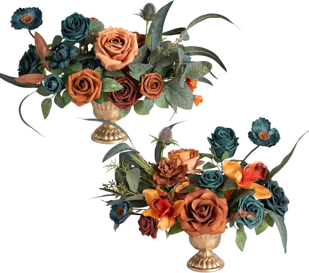 Ling's Moment Dark Teal & Burnt Orange Artificial Flowers with Vase Wedding Decor Centerpiece Flower Potted for Ceremony Reception Tabletop Desk Flowers Mantel Archway Aisle, Fake Flowers Set of 2