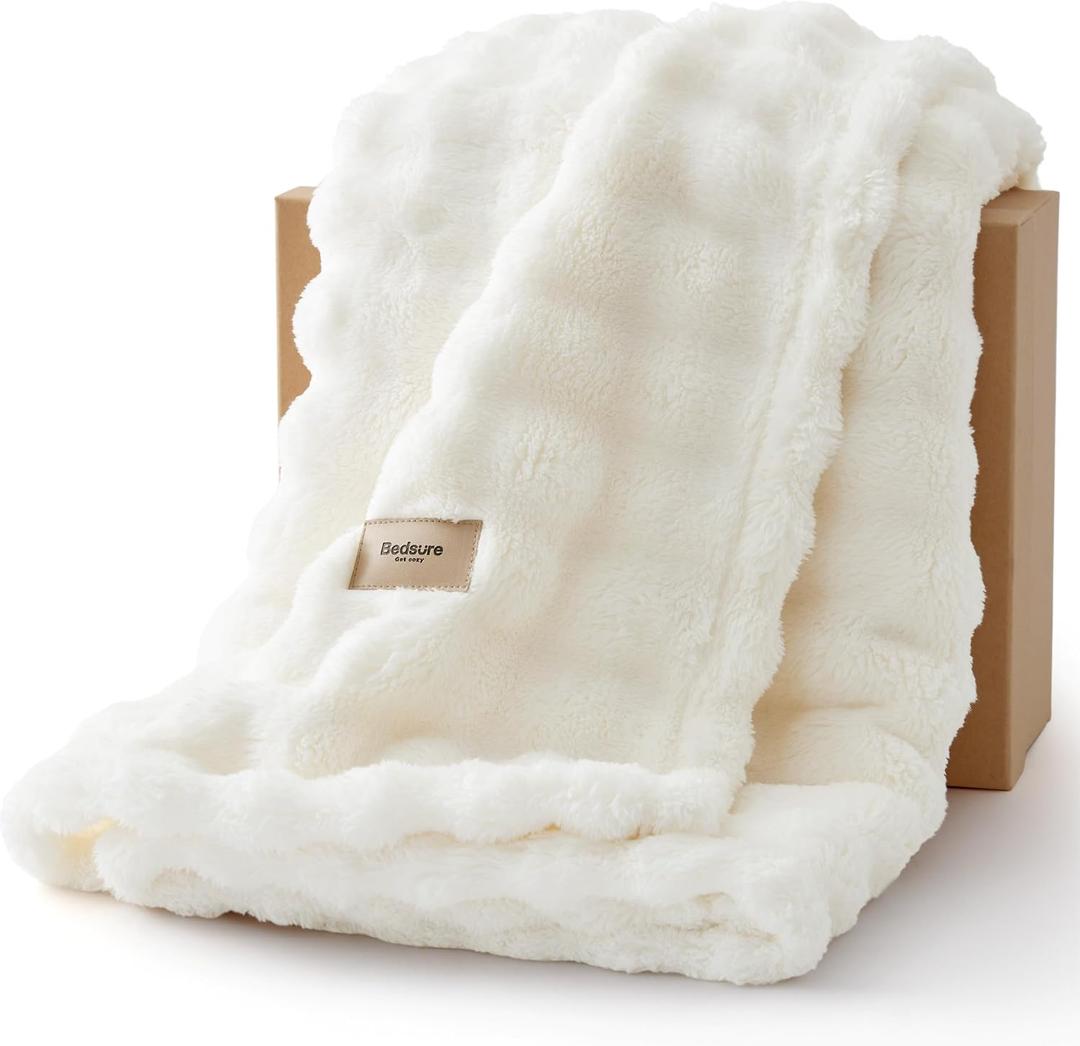 Bedsure 3D Fleece Bubble Blanket for Couch - GentleSoft White Spring Throw Blanket for Sofa Bed Room Decor - Luxury Soft Cozy Blanket Mothers Gifts Day for Women, Lightweight, Off White, 50"60"