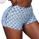 WDIRARA Women's Checkered Frayed Hem Mini Denim Shorts High Waisted Distressed Jean Shorts (Blue, XS)