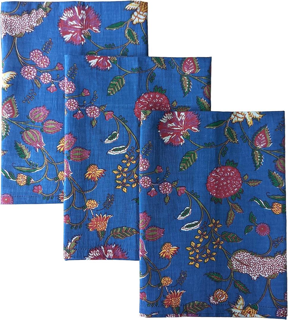 AVKA Studio 100% Cotton Decorative Kitchen Towels- Set of 3 Dishcloths- 19 x 27 inches- Blue Floral Kitchen Towels- Absorbant Kitchen Dish Towel for Dryng Dishes- Indian Block Print Cute Tea Towels