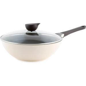 Neoflam Eela 12'' Non Stick Chef's Wok with Glass Lid, Stir Fry Pan and POFA-Free Ceramic Coating for Cooking Saute Vegetables, Meat, Fish, 12 inch, Ivory (Handle assemble required)