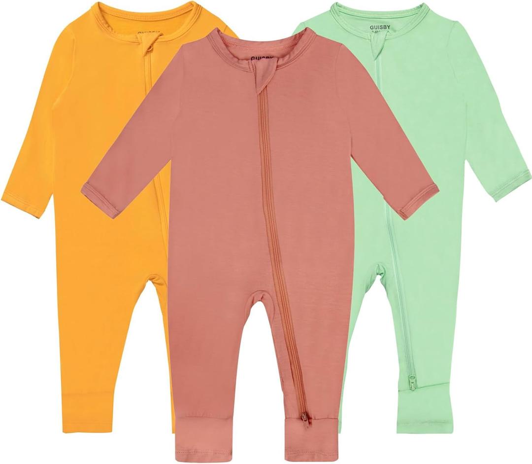 GUISBY Baby Pajamas with Mitten Cuffs - 3Pcs Girls Boys 2 Way Zipper Long Sleeve Rayon Sleepers (3-6 Months, Tangerine-orange-sage)