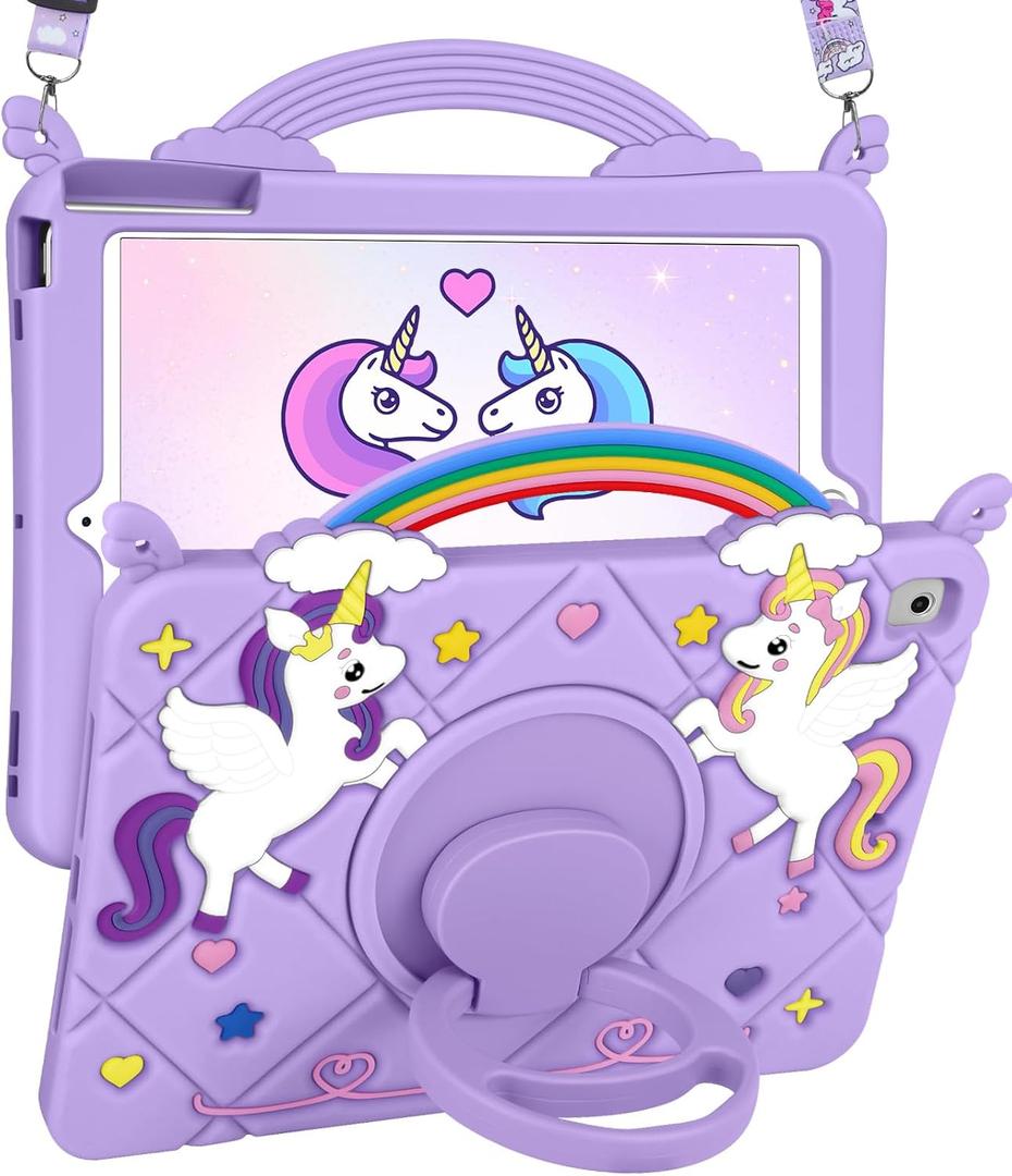 for iPad 5th/6th Gen, Air1/ Air2, Pro 9.7 Inch Case - Cute Girls Kawaii Cover Girly Cartoon Teen with Stand&Strap Purple Soft Silicone Cases for iPad 6/5 Generation, Air 1st/2nd, Pro 9.7 Cases