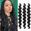 3Packs Body Wave Braiding Hair with Crochet Hook 24Inch Pre-Feathered Braiding Hair Deep Wave Crochet Hair French Curl Crochet Braids Hair for Boho Box Braids Goddess Hair(Natural Black, 1B)