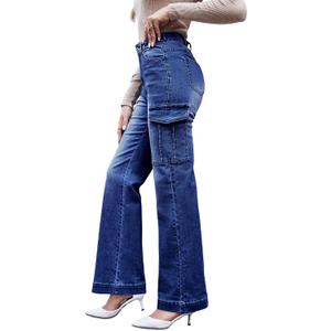 ZMPSIISA Womens Cargo Jeans Wide Leg Y2K Bootcut Flare Bell Bottoms High Waisted Denim Cargo Pants Flap Pockets Stretchy Trousers(Dark Blue, Medium)