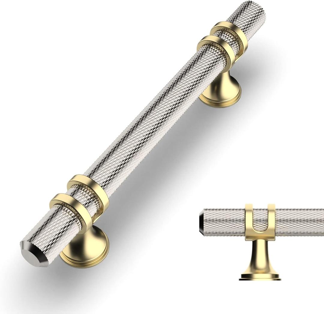 Amerdeco 10 Pack Knurled Brushed Satin Nickel Cabinet Pulls 5.9 Inch Length (3-3/4 Inch Hole Center) Kitchen Cabinet Handles for Drawer Dresser, Cupboard and Wardrobe ZH0025