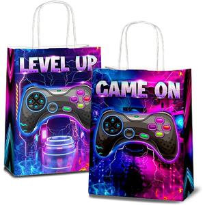 JOYGATHER 24 Pcs Gamer Party Favors Bags with Handles, Video Game Goodie Bags, Gift Bags, Candy Bags with 2 Different Types, Gaming Kraft Paper Bags for Birthday Party Supplies Baby Shower Decorations