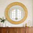 Large Round Gold Wall Mirror - 31 Inch Textured Ribbed Design Frame Mirror, Modern Sunburst Accent Mirror for Living Room, Entryway, Bedroom, Fireplace Mantel
