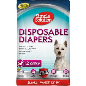 Simple Solution Disposable Female Dog Diapers, Absorbent Leak Proof Protection for Incontinence, Puppy Training, Heat Cycle, Travel, and Housebreaking, Small Dogs, 1519 Inch Waist, 12 Count