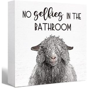 SJNH Funny Bathroom Wood Sign No Selfies in the Bathroom Funny Sheep Wood Block Sign for Bathroom Shelf Toilet Restroom Home Tabletop Desk Decor,Farmhouse Bathroom Wooden Box Sign