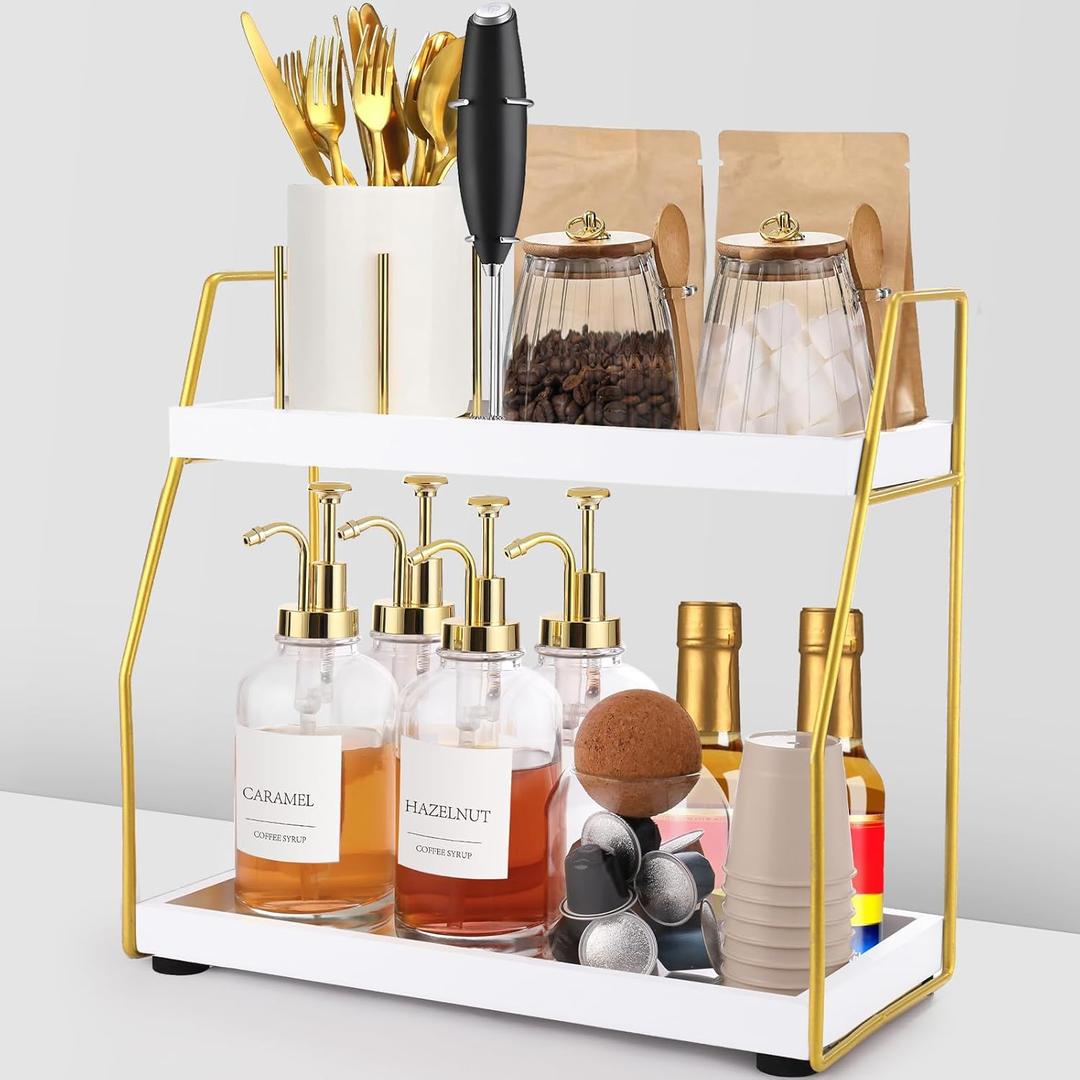 Coffee Bar Accessories,Coffee Station Organizer with Multi-Functional,CoffeeBar Decor for Accessories,2 Tier Wooden Shelf Gold Metal Station Organizer for Countertop,Syrup