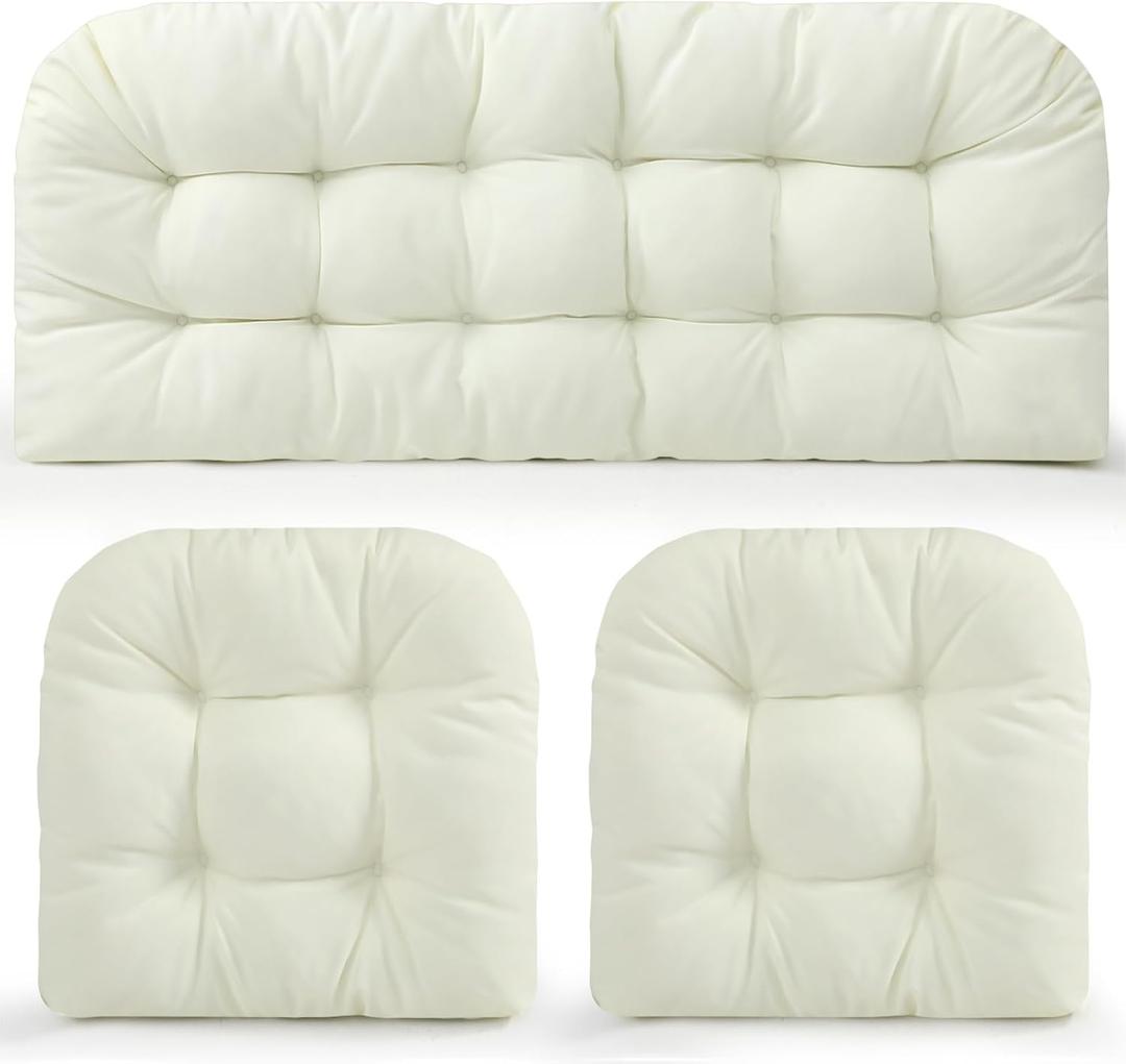 Barydat 3 Pack Wicker Furniture Cushions Waterproof Outdoor/Indoor Tufted Wicker Chair Cushions 1 Loveseat and 2 U-Shape Rattan Chairs for Patio Furniture, Rattan Love Seat, Bench(Cream)