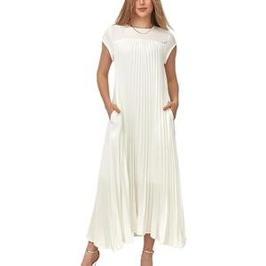 KEOMUD Women Summer Pleated Maxi Dress Casual Short Sleeve Crewneck Flowy Swing Long Dress with Pockets (L, White)