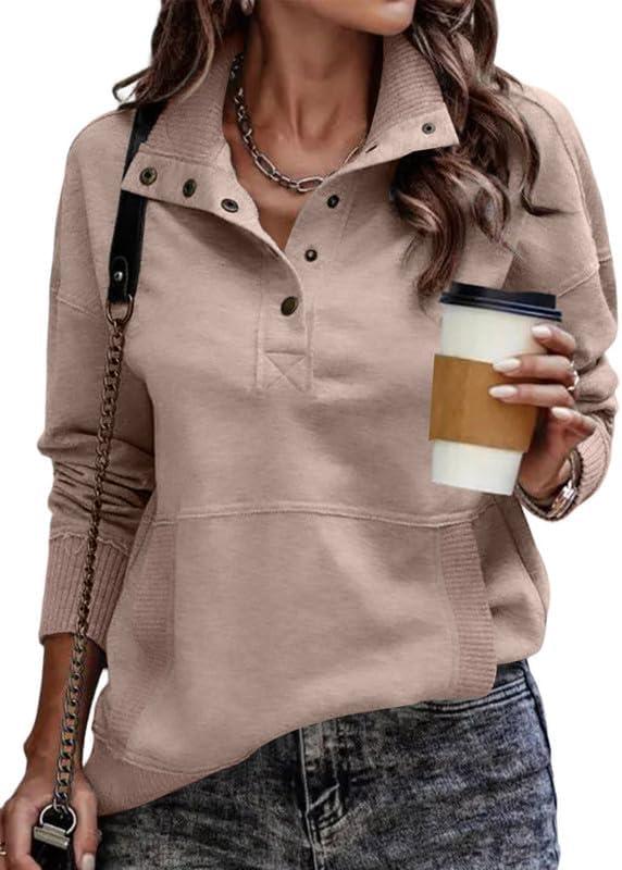 SHEWIN Womens Sweatshirt Casual Long Sleeve Lightweight Sweatshirts Button Loose Pullover Tops (Large)