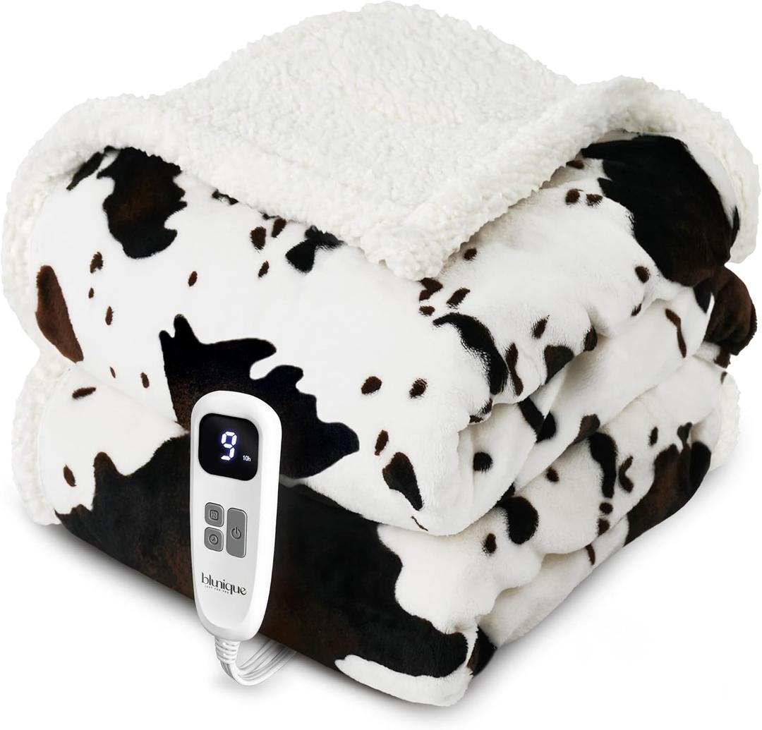Heated Blanket Twin Blanket - Fast Heating Electric Blanket, Soft Flannel Heated Twin with 4 Time Settings,10 Heating Settings, Warm Gifts for Women & Mom & Grandma(62"x84"Cow Print White) (01 - Black Ombre-white)