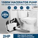 1500W Macerator Pump for Conventional Toilet with A Bottom Outlet Toilet Pump Upflush to 32.8FT 2800GPH Utility Sink Pump 4 Water Inlets 2 Outlets Macerating Toilet System for Toilet Shower Kitchen