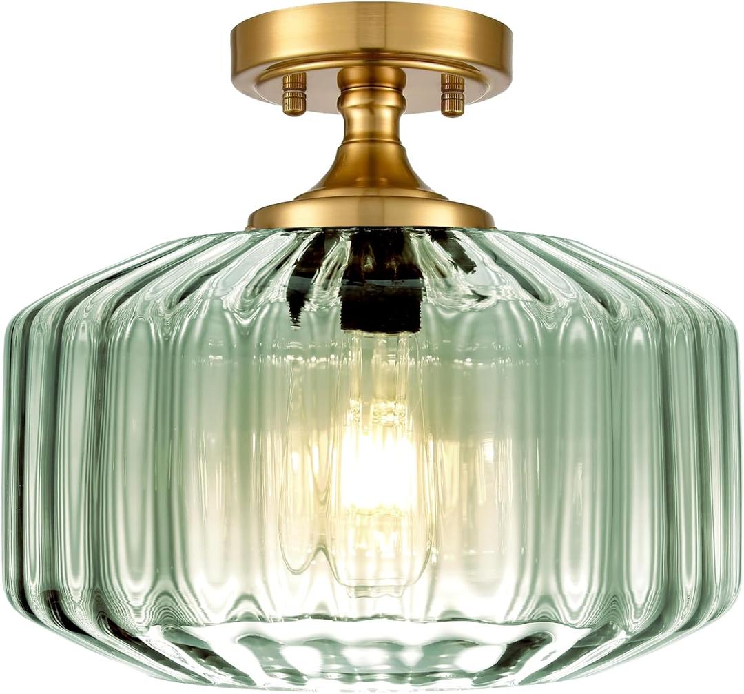 Mint Green Close to Ceiling Light Fixtures, Vintage Small Ceiling Light 11.02" Thickened Glass Hallway Lighting, Mid Century Modern Gold Chandelier Kitchen Ceiling Mount Lighting for Corridor