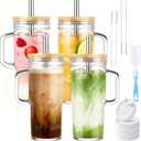 Birity Glass Cups with Lids and Straws,24oz Glass Tumbler With Handle,4 Pack Reusable Iced Coffee Cup with Lids-Mason Jar with Lid and Straw,Boba Cup for Cold & Hot Drinks,Smoothies Cup,Travel Mug