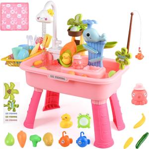 Upgraded Toddler Sand Water Table Toy with Electric Water Pump, Kids Sand Water with Faucet/Play Food Accessories/Fishing Toy, Kitchen Play Sink Toys for Girl Boy Age 3+ (Pink)