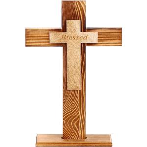 2 x Chasinglee Wood Standing Cross,Christians Spiritual Religious Jesus Cross Wall Art,Handmade Nature Wooden Blessed,Tabletop for Church Home Decor Wood Crucifix
