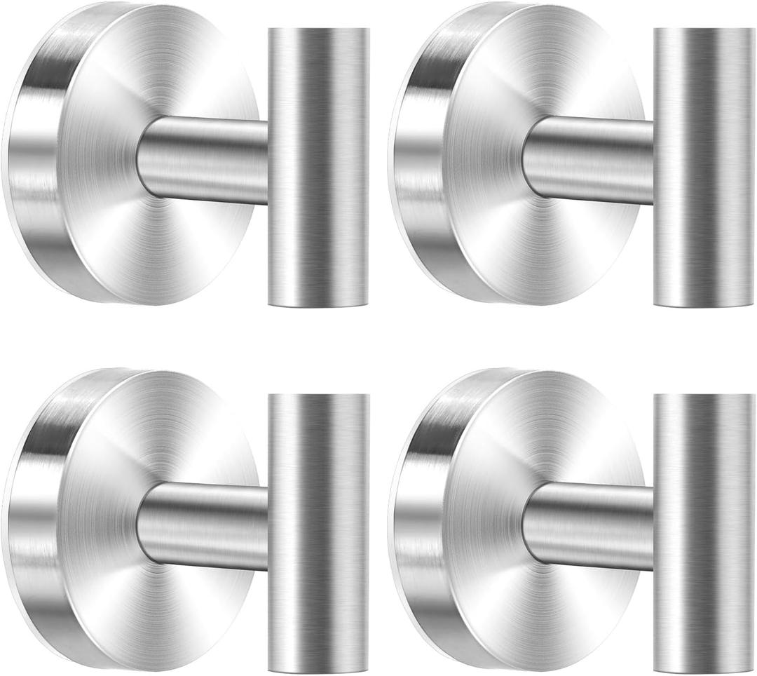 Suction Cup Hooks for Shower, 4 Pack Towel Hooks for Bathroom, Stainless Steel Wall Hanger, No-Drill Shower Hooks Robe Hook for Kitchen, Glass, Mirror, Tile to Hang Towels, Robes, Loofah(Silver)