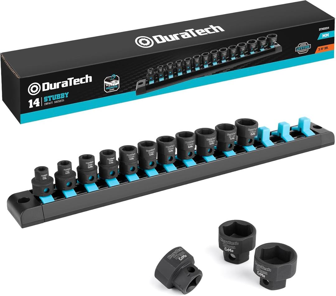 DURATECH 3/8" Drive Stubby Impact Socket Set, Low Profile Impact Sockets, 14-Piece, Metric, Size Covers 6-19mm, Cr-Mo Steel, Organized in Magnetic Storage Rail