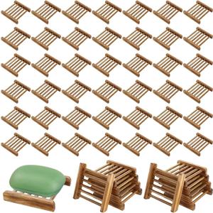 50 Pcs Bamboo Wood Soap Dish Bulk Natural Wooden Soap Holder Savers, Self-Draining Bathroom & Kitchen Soap Trays, Durable Handcrafted Wooden Soap Dishes 3.3 x 3.4 x 0.67 Inch