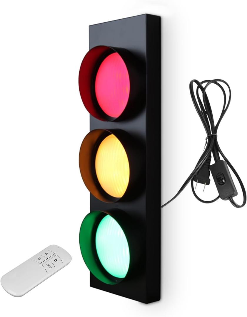 YVYKFZD Traffic Light Wall Lamp, LED Traffic Stop Light with Remote Control, Fun Room Decor Traffic Signal Light, Red Yellow Green Wall Lamp for Kids Bedroom
