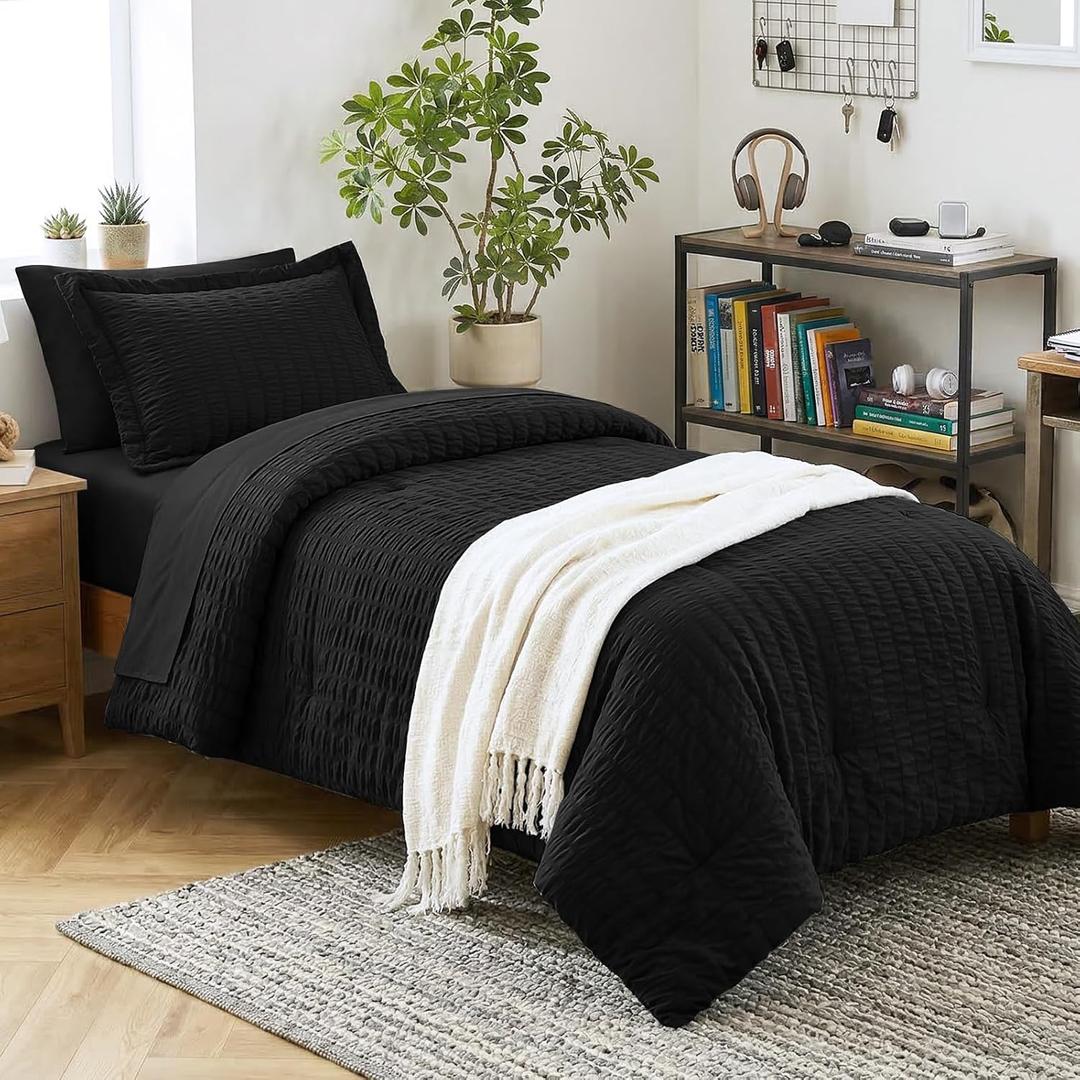 CozyLux Twin Comforter Set with Sheets 5 Pieces, Black Seersucker Textured Bed in a Bag for Bedroom, Luxury Soft Bedding Sets with Down Alternative Comforter, Sheets, Pillowcase & Sham for All Seasons