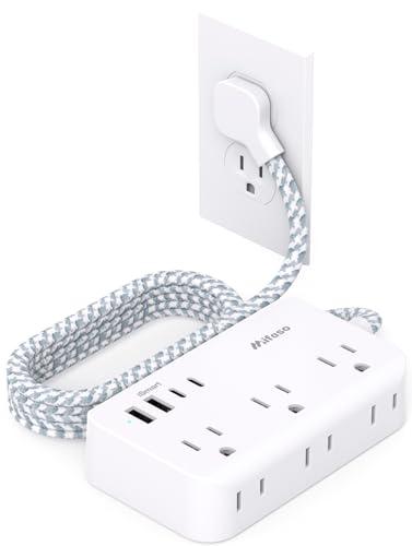 Power Strip Extension Cord - 6 Outlets and 4 USB (2 USB C), Braided Cord with Ultra Thin Flat Plug, Wall Mount, Overload Protection, Travel, Cruise Ship, Dorm Room Essentials (5FT, White)
